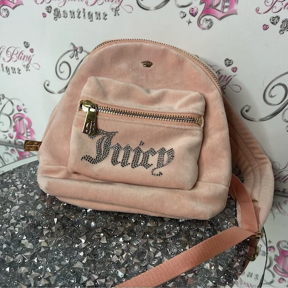 Juicy Couture backpack pink rhinestone bling logo Velvet Bag purse brand new
